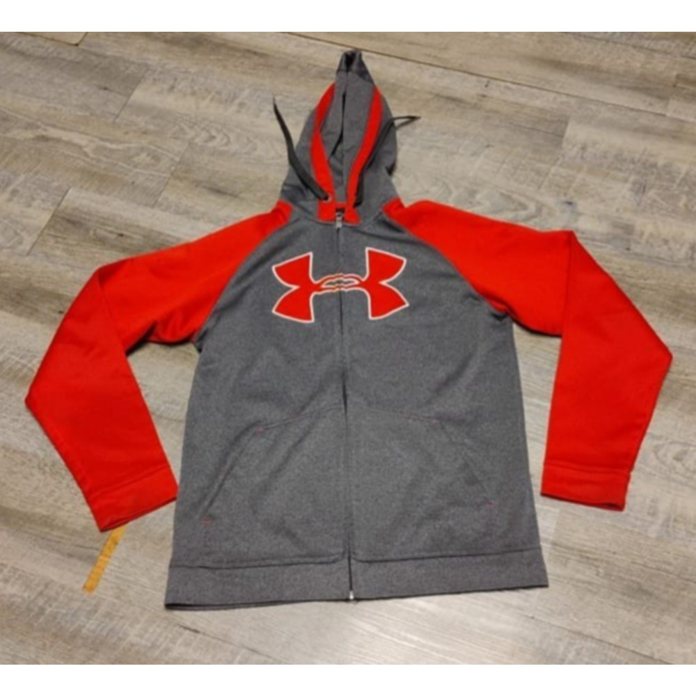 Under Armour Boys Size SM Zip Up Black fleece jacket with Hoodie gray and red